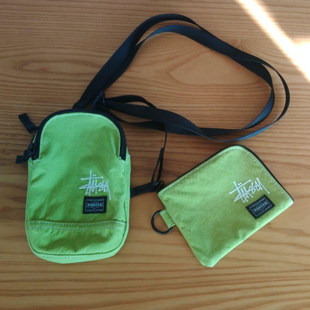 STUSSY PORTER ダブルネームグリーンショルダーバッグ、財布セット美品