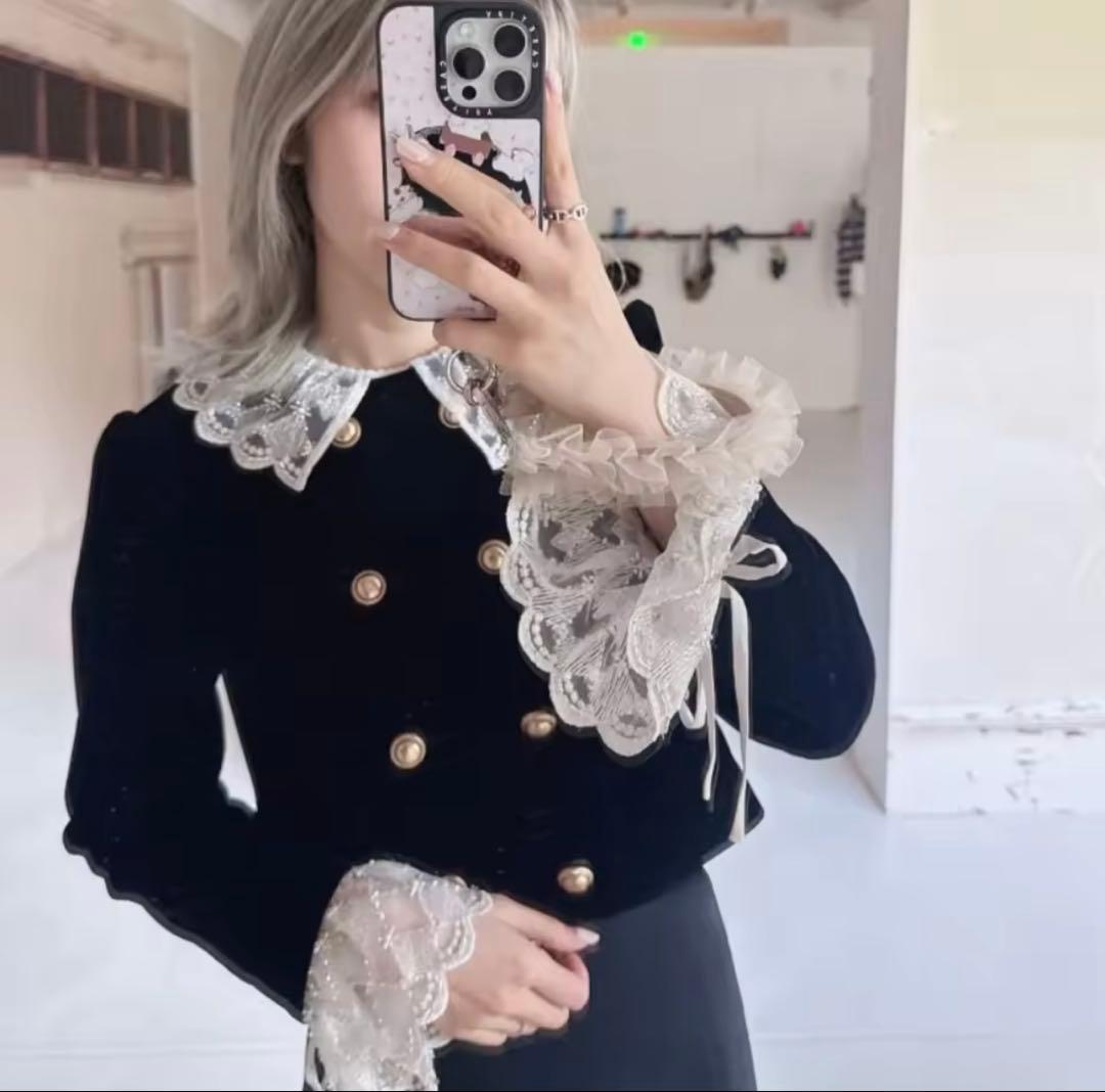 スカラップビジューアタッチドジャケット　リリーブラウン ブラック　チェック