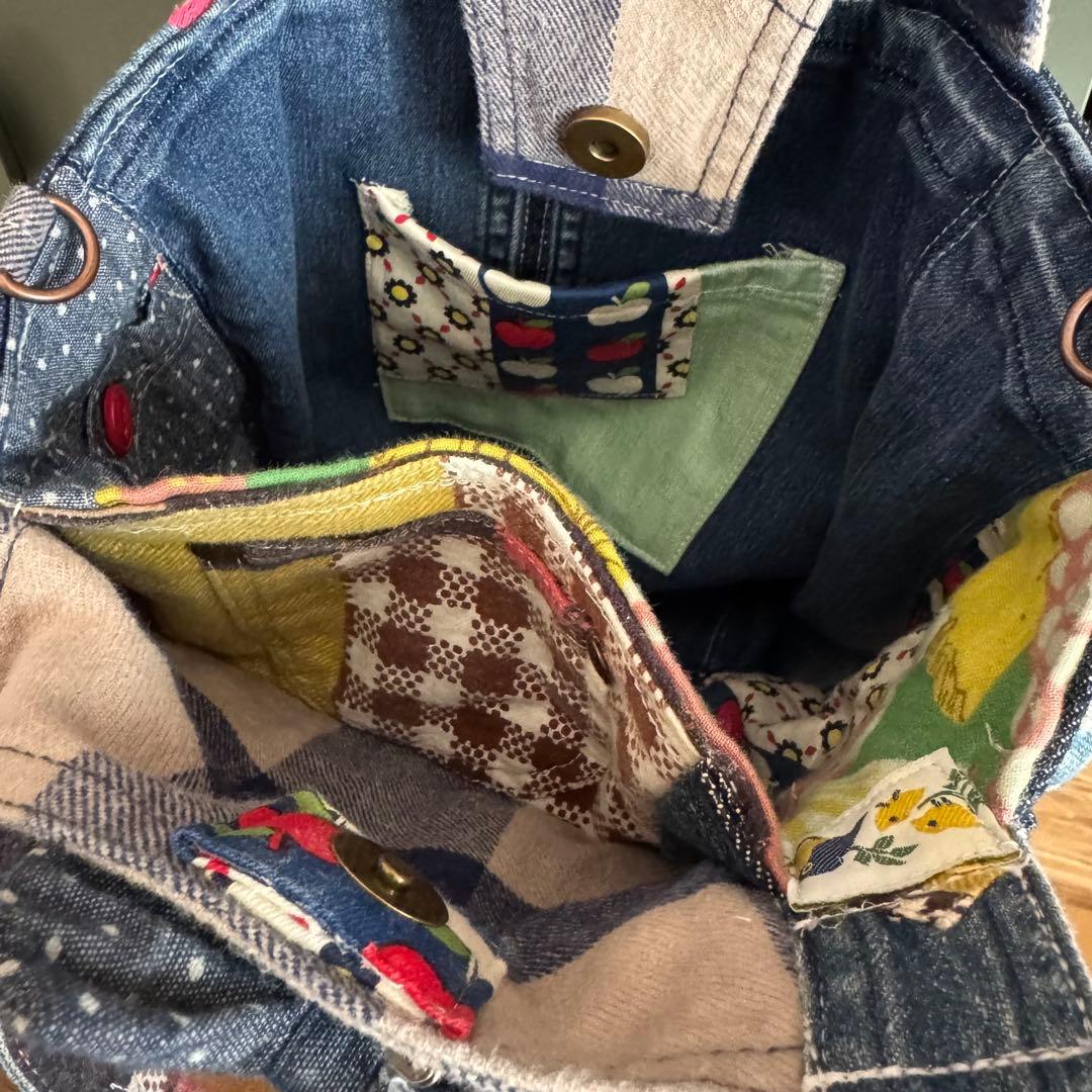 ハンドメイド デニムリメイク バッグ レトロアニマル サロペット 楕円底 23