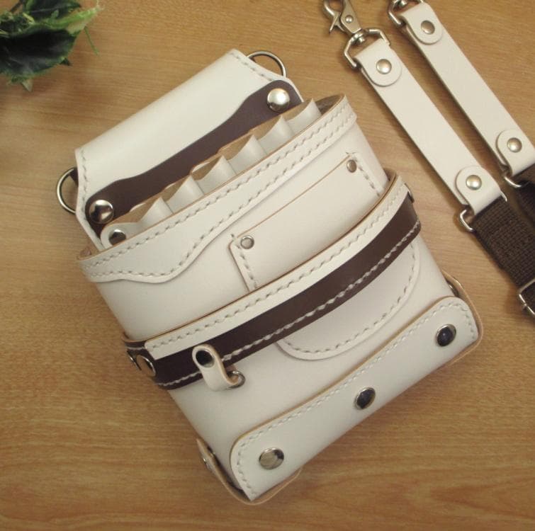 ホワイト＆ブラウン　６丁差し　本革シザーケース　SCA-118/CWA