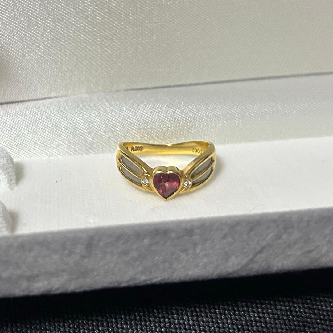 K18 Pt900 ガーネット　ダイアモンド　ハートリング