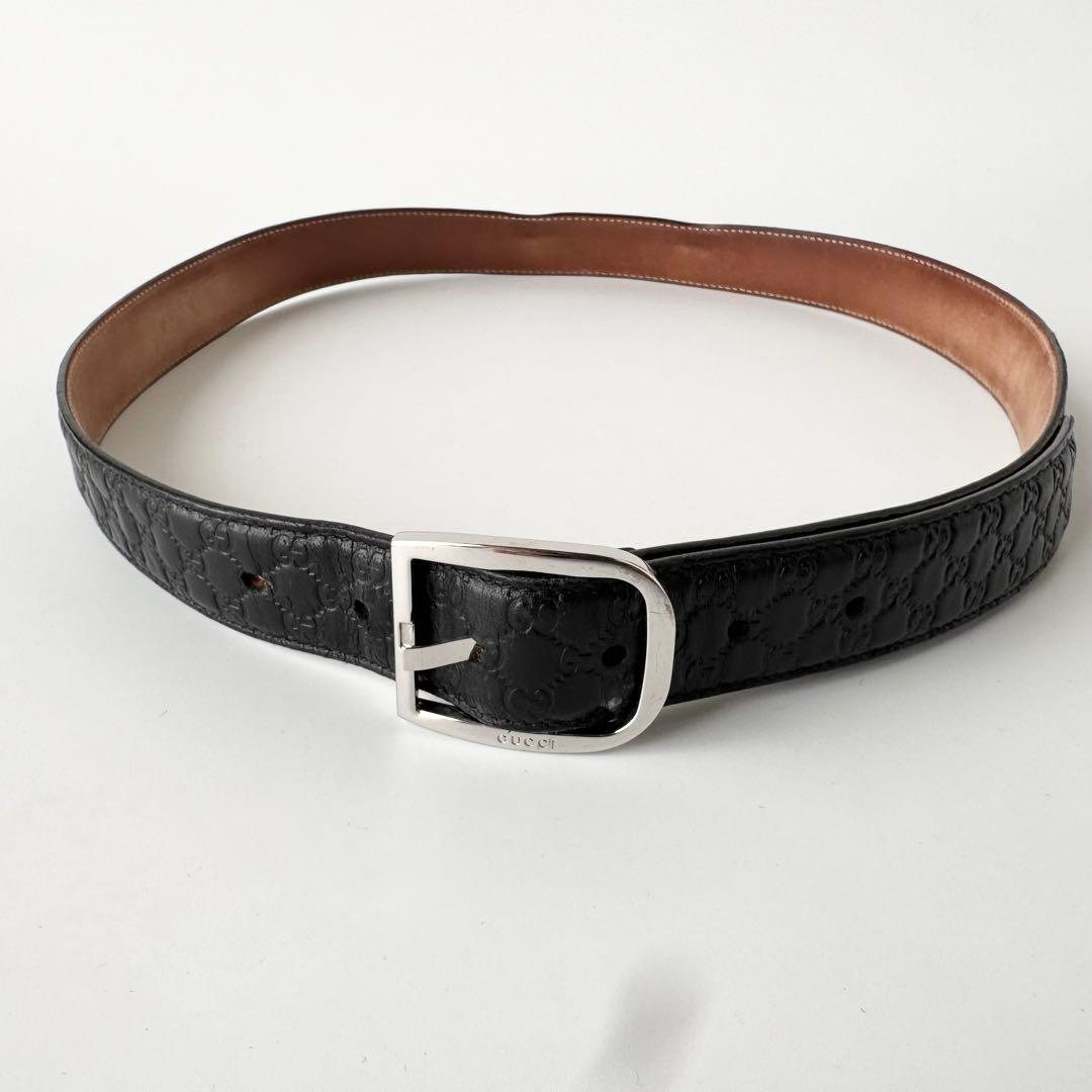 GUCCI　ベルト　マイクロシマ　GG柄　レザー　ブラック　シルバー
