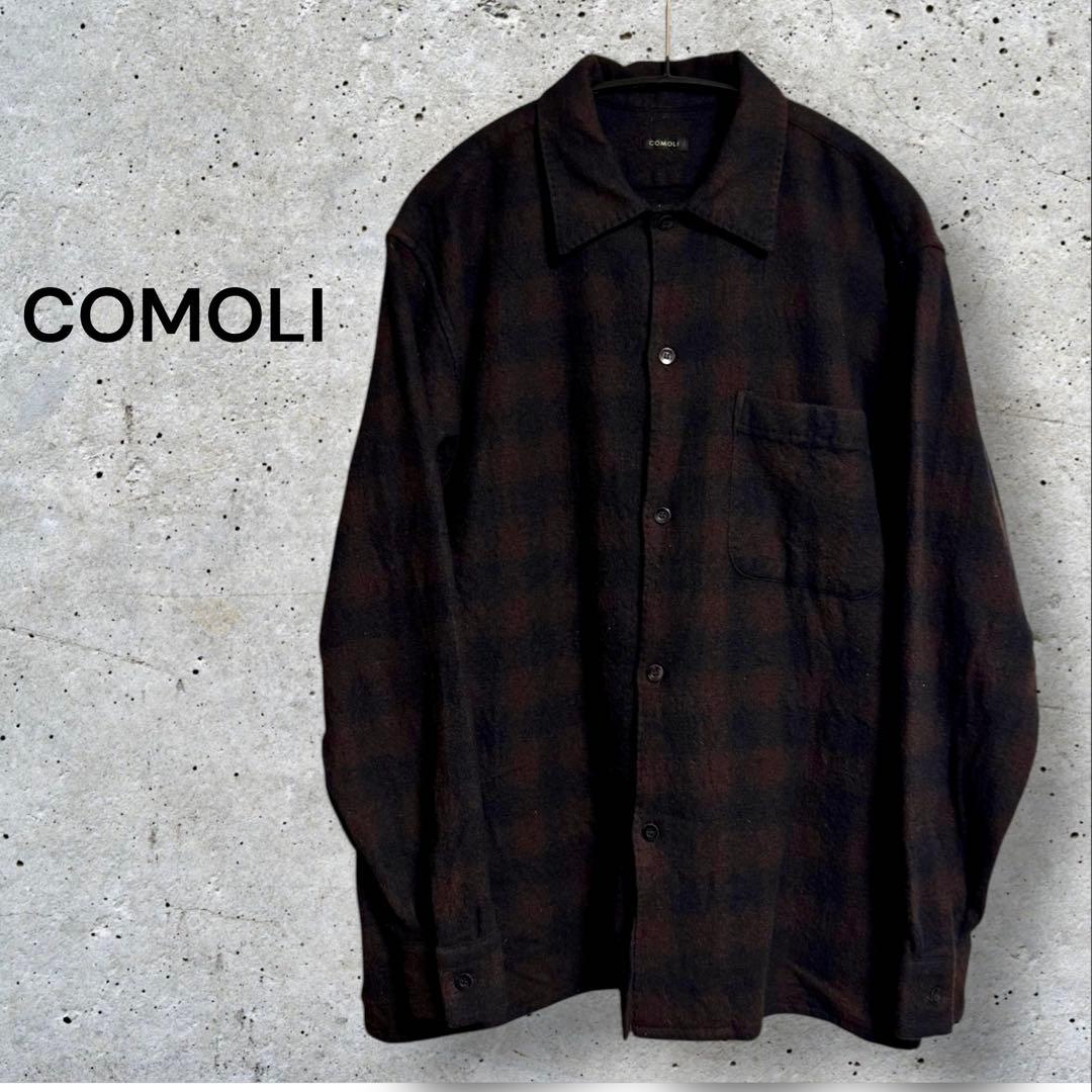 COMOLI コモリ ウールチェックシャツ ブラウン 2 カシミヤ 長袖 茶