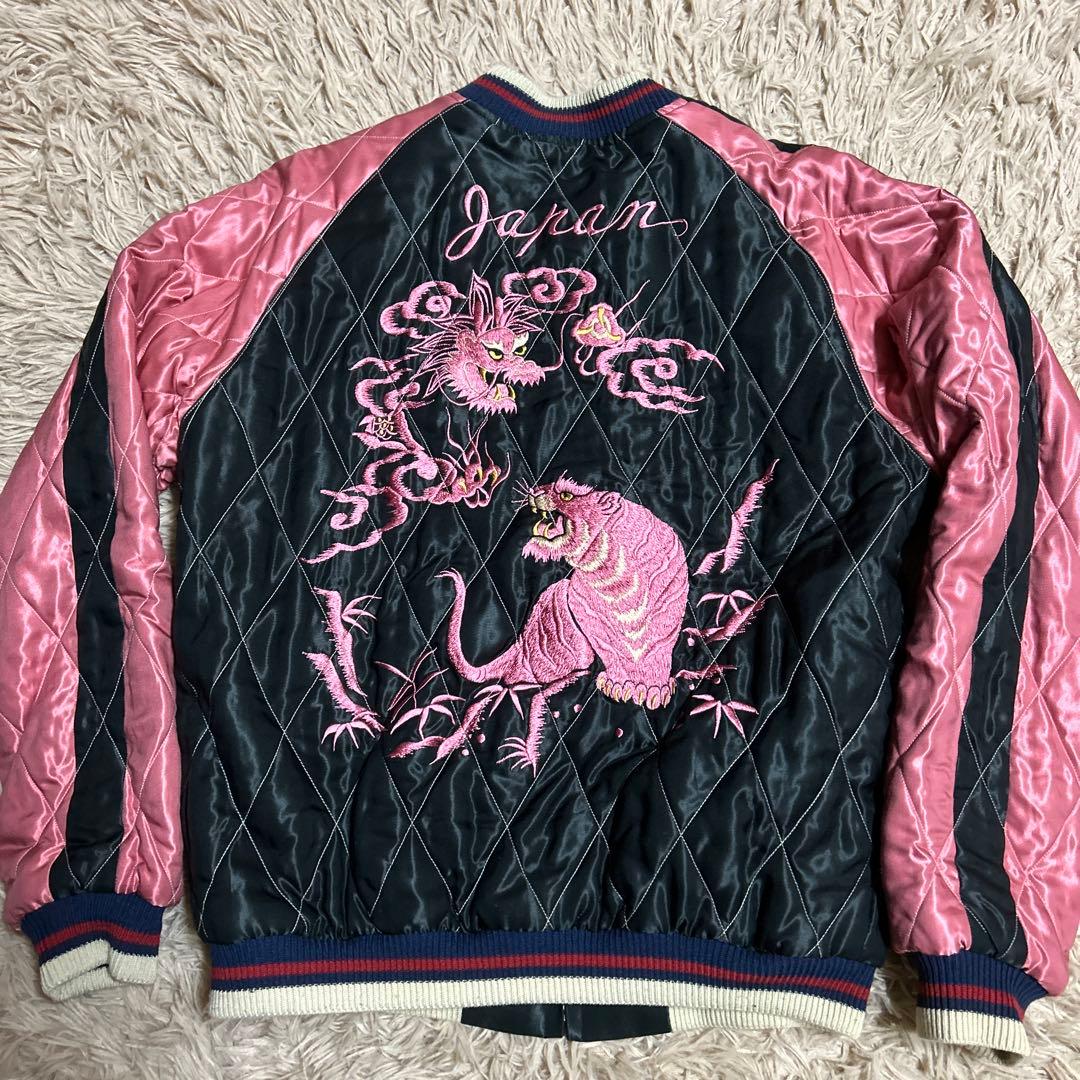 テーラー東洋スカジャンLブラックxピンク虎xドラゴンx鷹ロカビリー キルティング