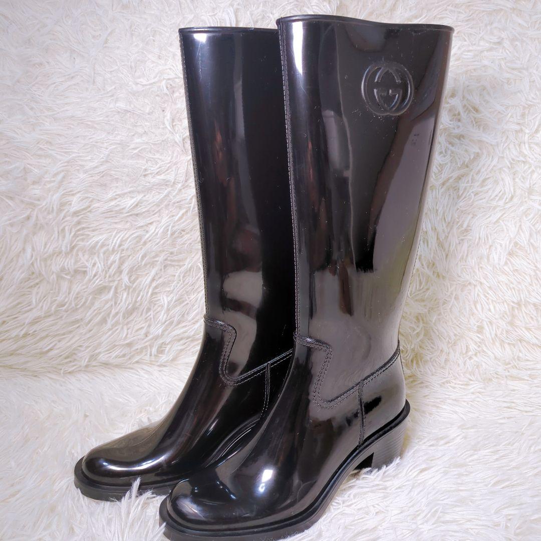 グッチ GUCCI レインブーツ 長靴 ブラック チャンキーヒール サイズ 37