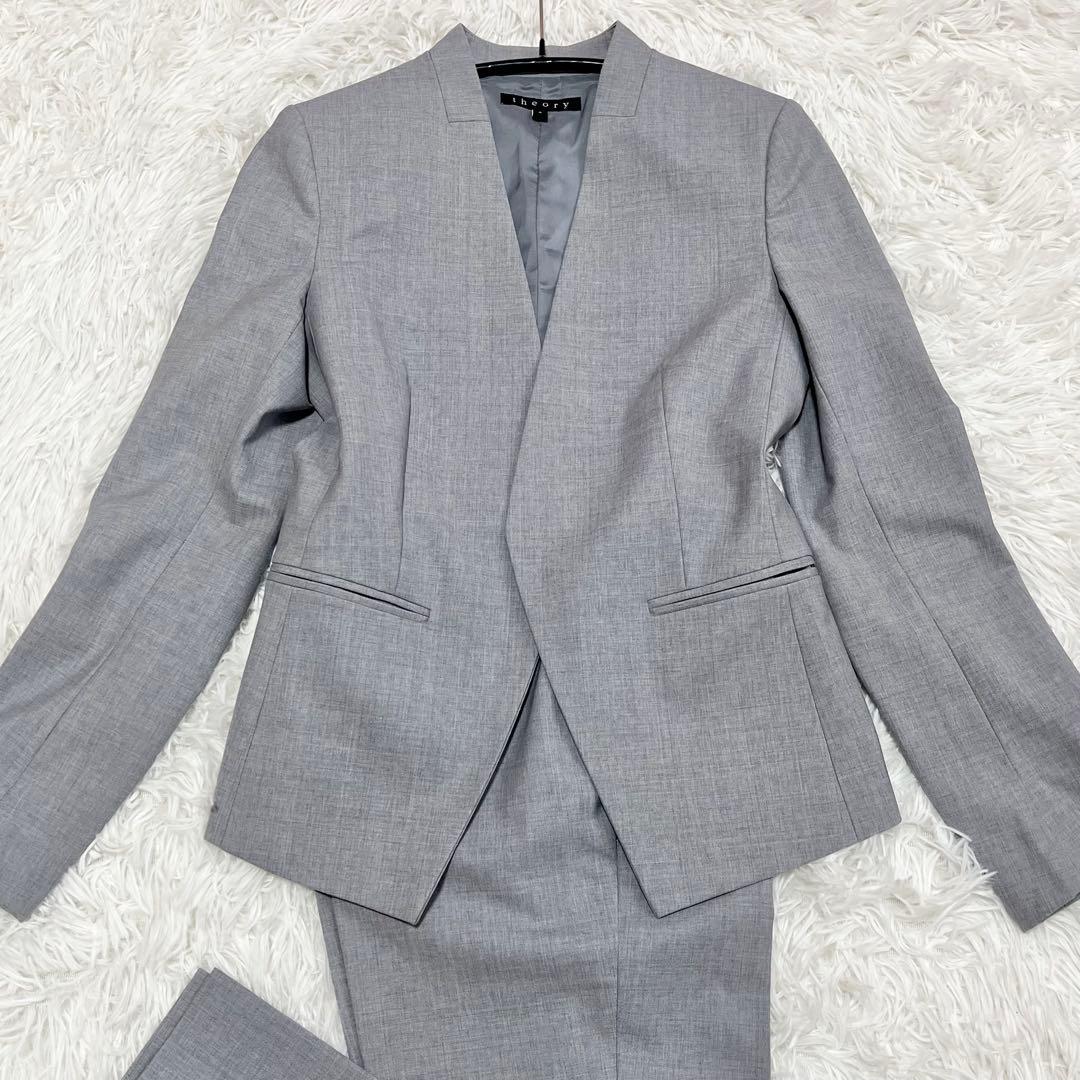 【美品】　セオリー　LANAI　TAILOR　パンツスーツ　ノーカラー　グレー