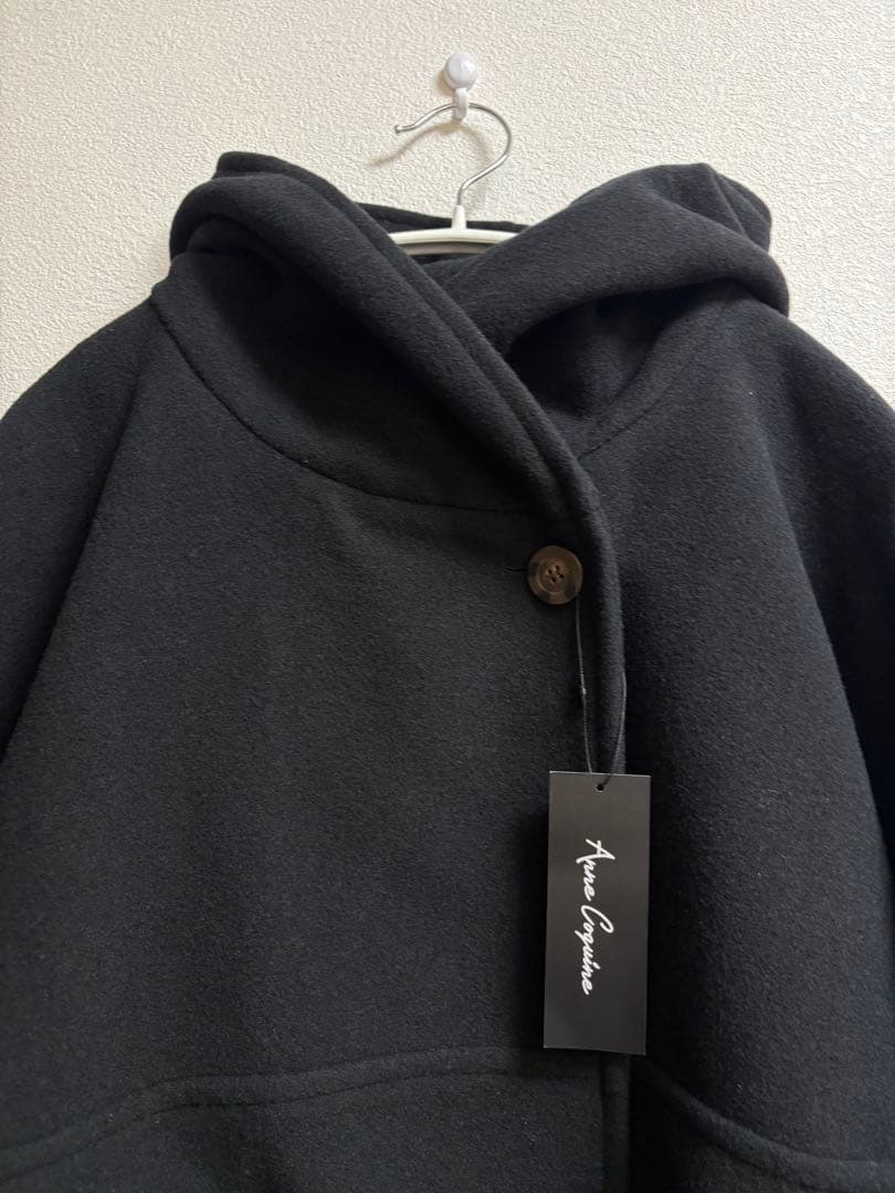 新品タグ付き☆ アンコキーヌ☆ウール混フーディーショートコート☆ブラック 3L