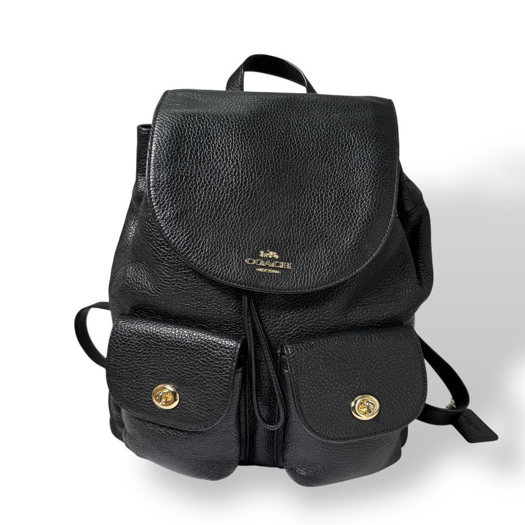 極美品 コーチ リュック バックパック レザー ブラック フラップ ターンロック