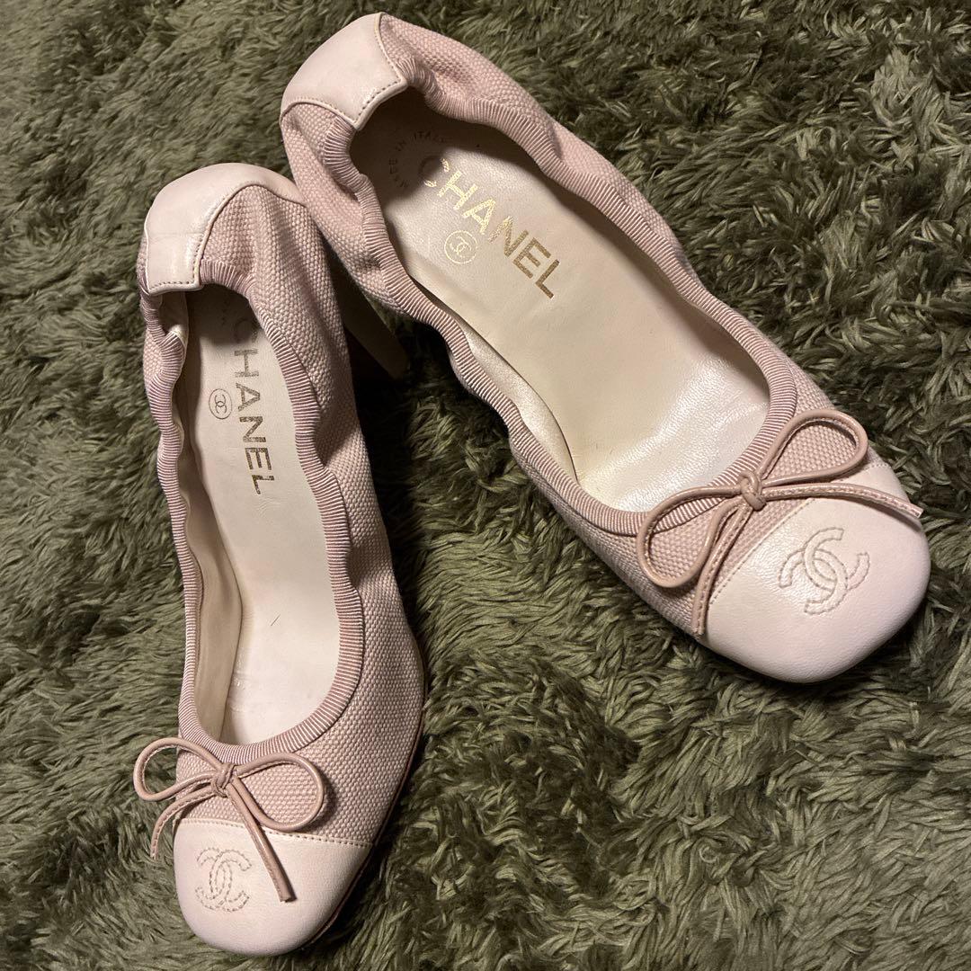 CHANEL ベビーピンク バレリーナ パンプス ヒール 37