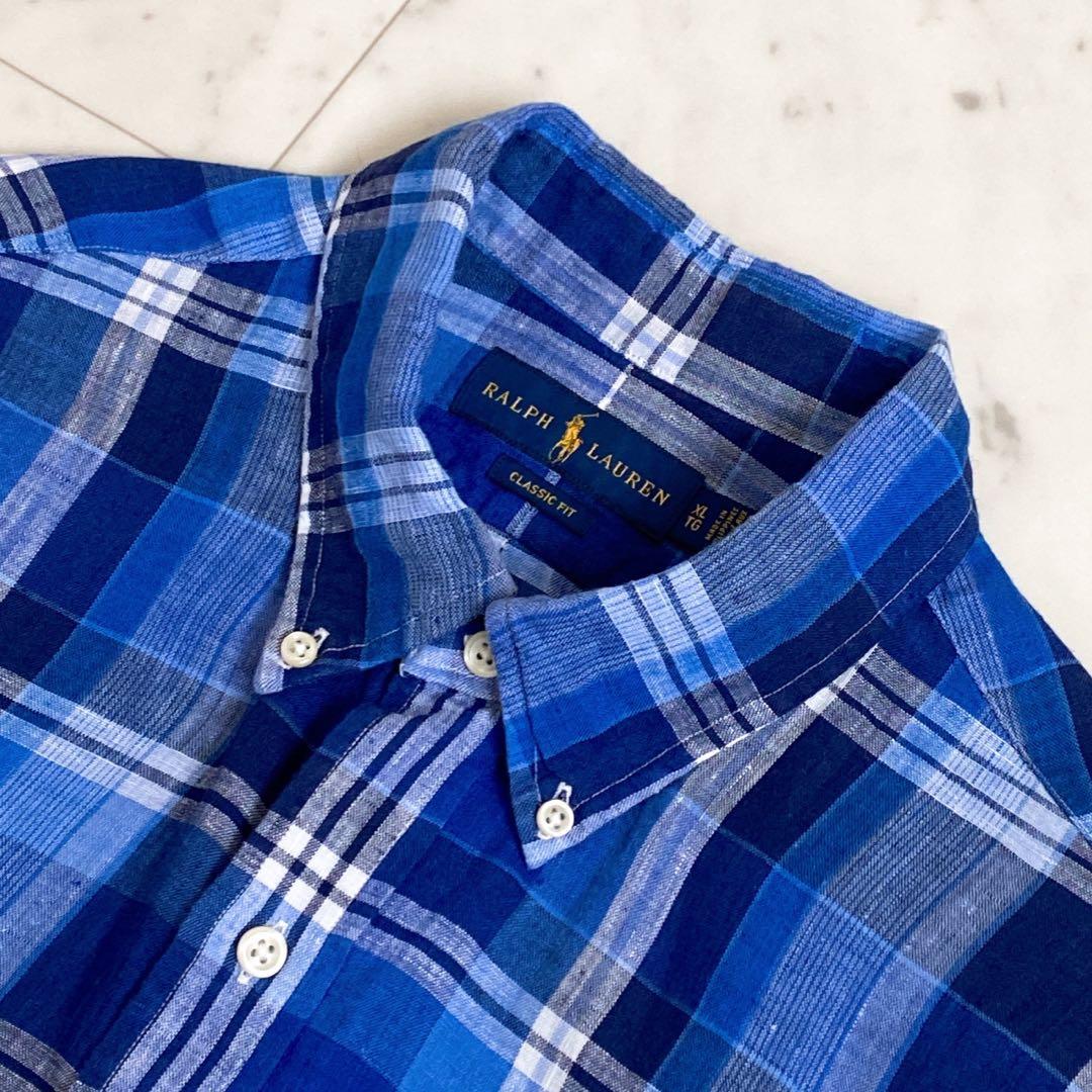 美品✨ラルフローレン　チェック柄リネン100%BD長袖シャツ　麻　ブルー　XL