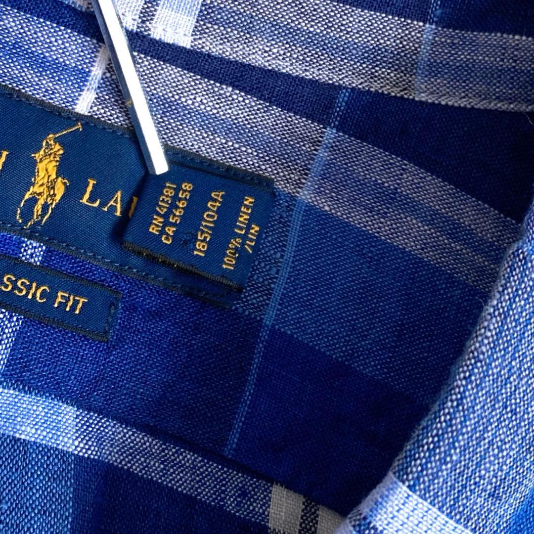 美品✨ラルフローレン　チェック柄リネン100%BD長袖シャツ　麻　ブルー　XL