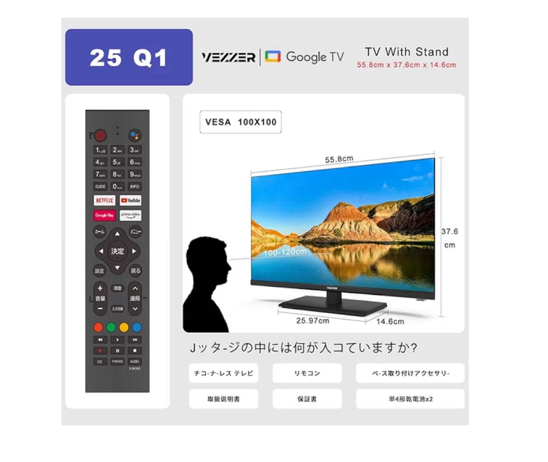 VEZZER チューナーレス テレビ 25型 Google TV ネット動画対応