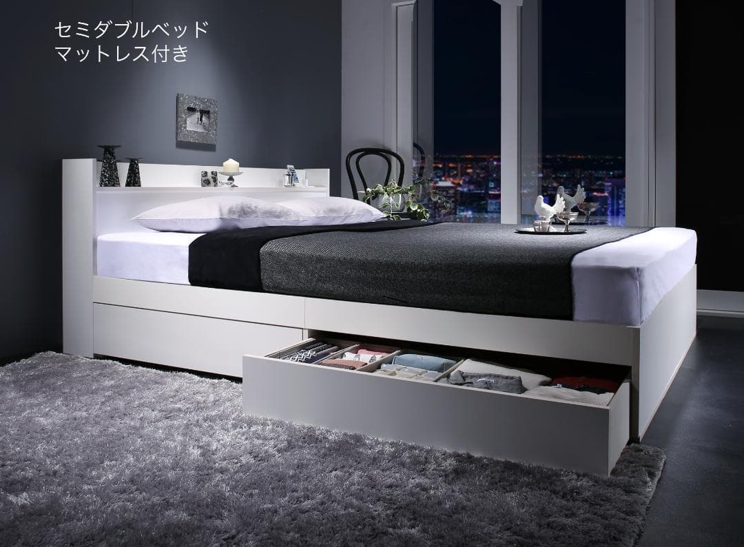 【mm】ダブルベッド 収納 棚 2口コンセント マットレス付W