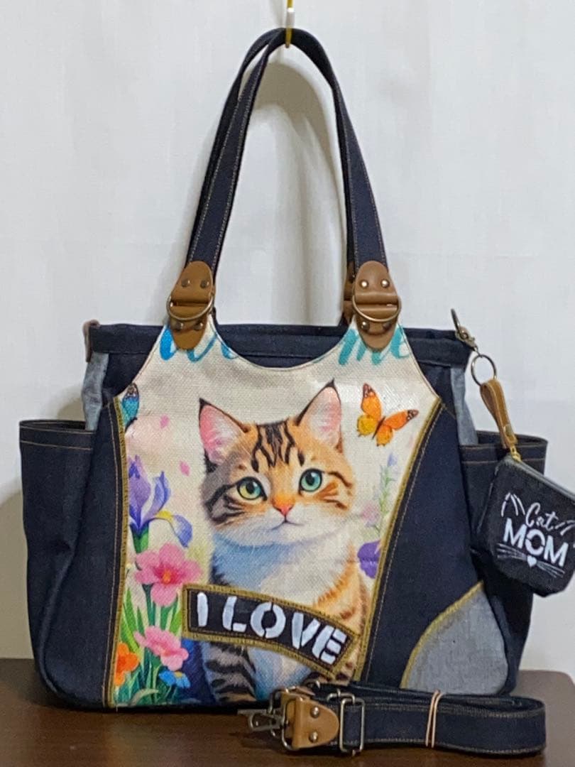 岡山デニム☆ステンシル☆トラネコ☆リュック対応☆4wayあおりバッグ